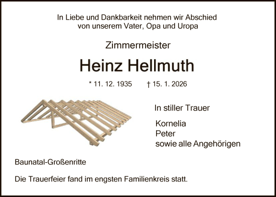 Traueranzeige von Heinz Hellmuth von HNA