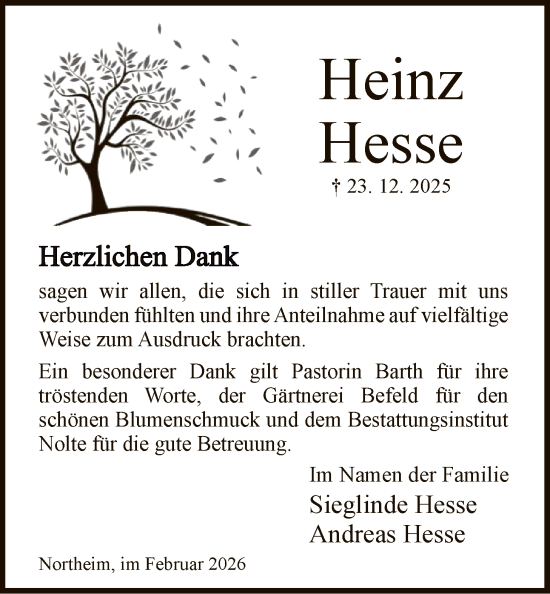 Traueranzeige von Heinz Hesse von HNA