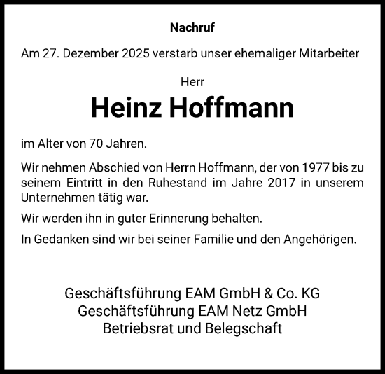 Traueranzeige von Heinz Hoffmann von HNA