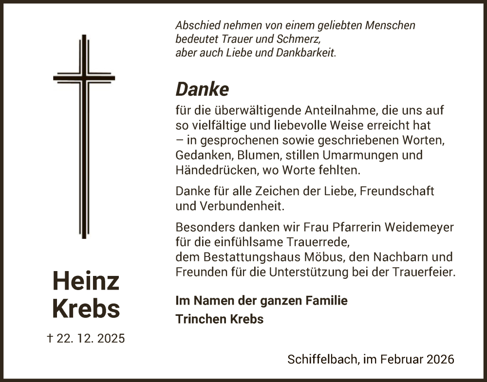  Traueranzeige für Heinz Krebs vom 07.02.2026 aus HNA