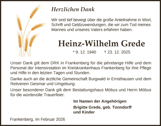 Traueranzeige von Heinz-Wilhelm Grede von HNA