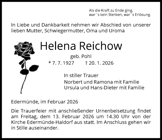 Traueranzeige von Helena Reichow von HNA