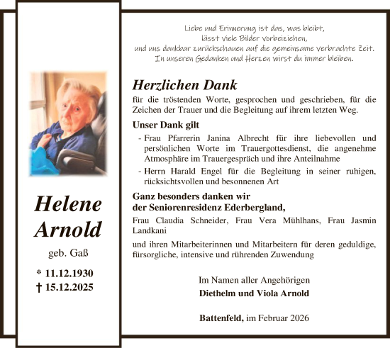 Traueranzeige von Helene Arnold von HNA