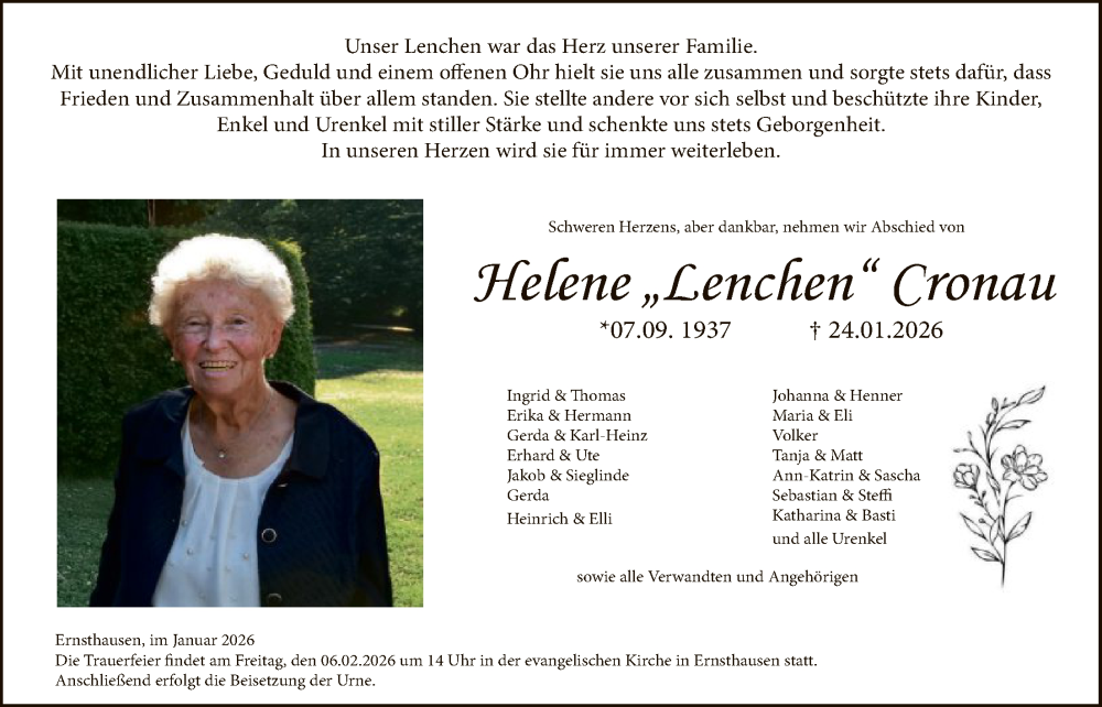  Traueranzeige für Helene Cronau vom 03.02.2026 aus HNA