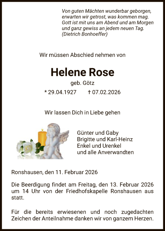 Traueranzeige von Helene Rose von HNA