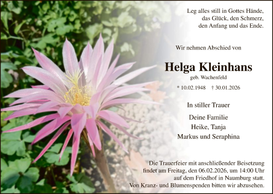 Traueranzeige von Helga Kleinhans von HNA