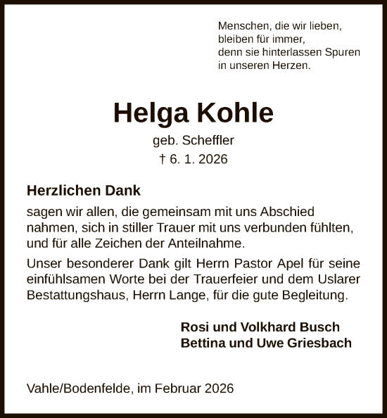 Traueranzeige von Helga Kohle von HNA