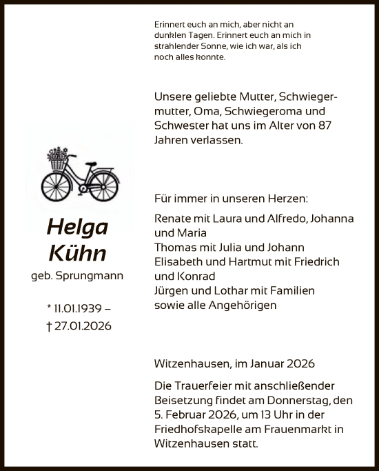Traueranzeige von Helga Kühn von HNA
