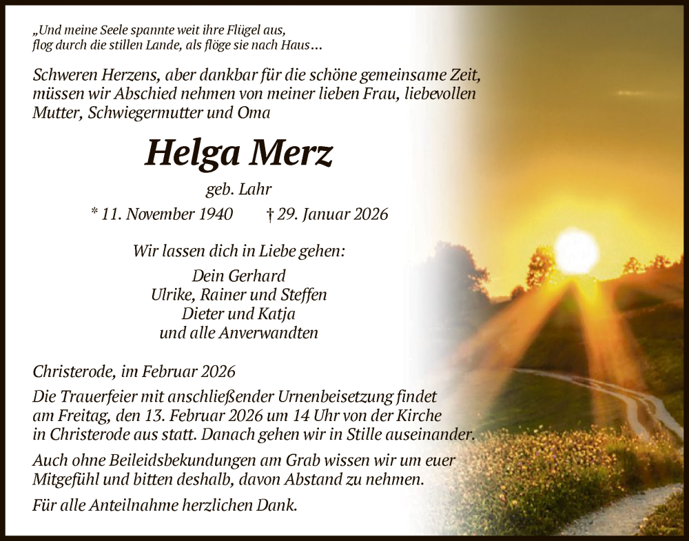  Traueranzeige für Helga Merz vom 07.02.2026 aus HNA