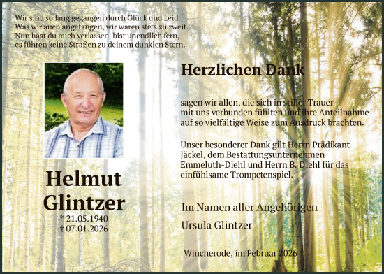 Traueranzeige von Helmut Glintzer von HNA