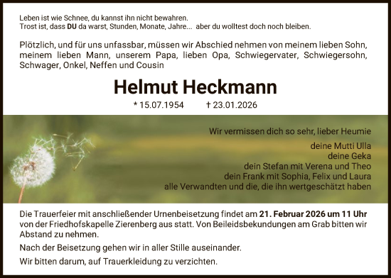 Traueranzeige von Helmut Heckmann von HNA