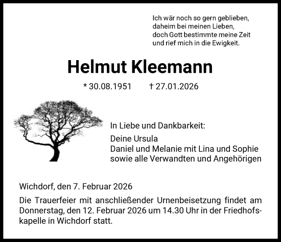 Traueranzeige von Helmut Kleemann von HNA