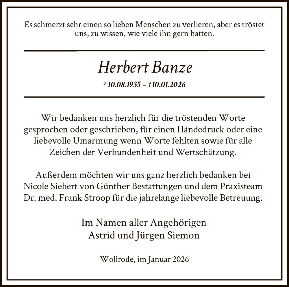  Traueranzeige für Herbert Banze vom 07.02.2026 aus HNA