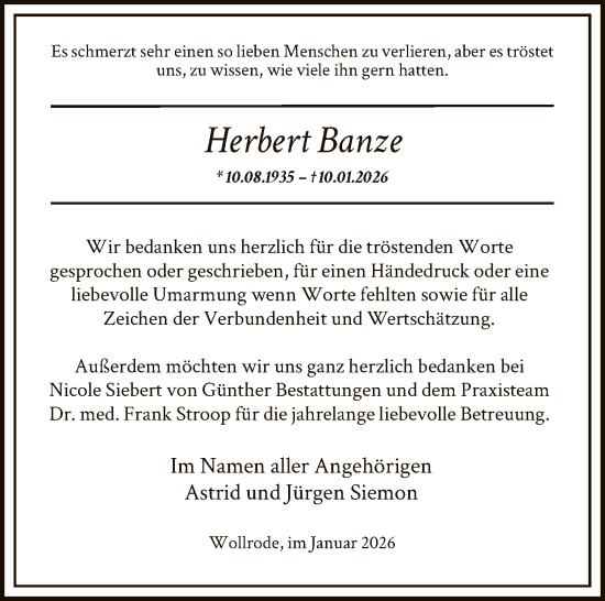 Traueranzeige von Herbert Banze von HNA