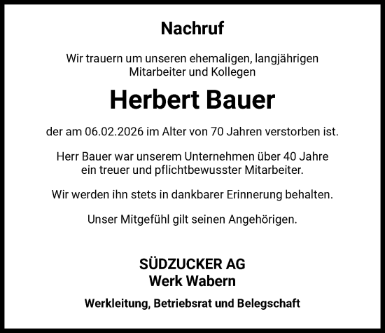 Traueranzeige von Herbert Bauer von HNA