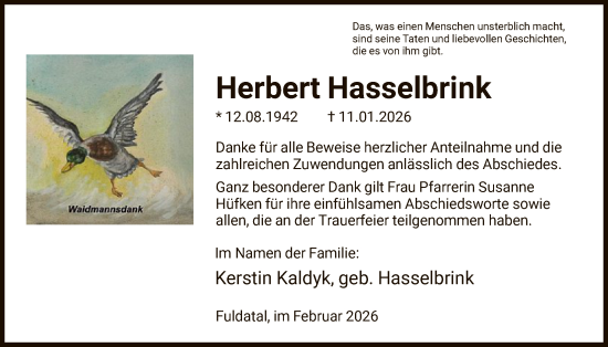 Traueranzeige von Herbert Hasselbrink von HNA