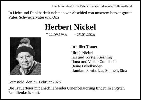 Traueranzeige von Herbert Nickel von HNA