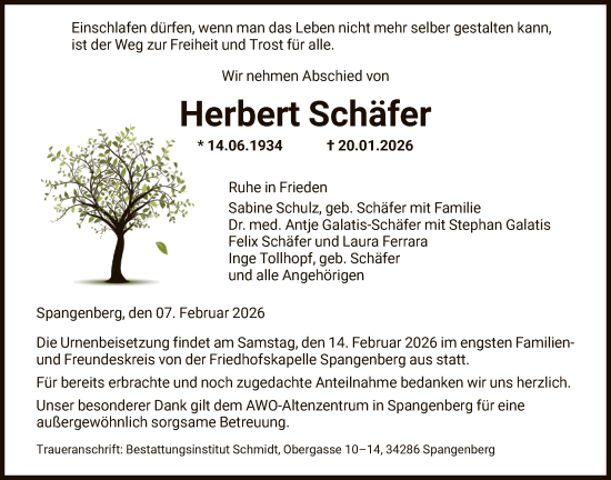 Traueranzeige von Herbert Schäfer von HNA