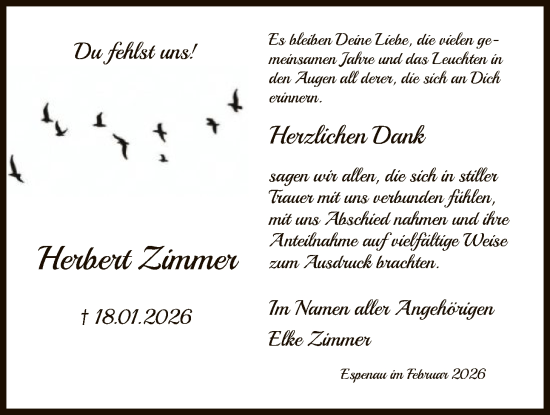 Traueranzeige von Herbert Zimmer von HNAHNA