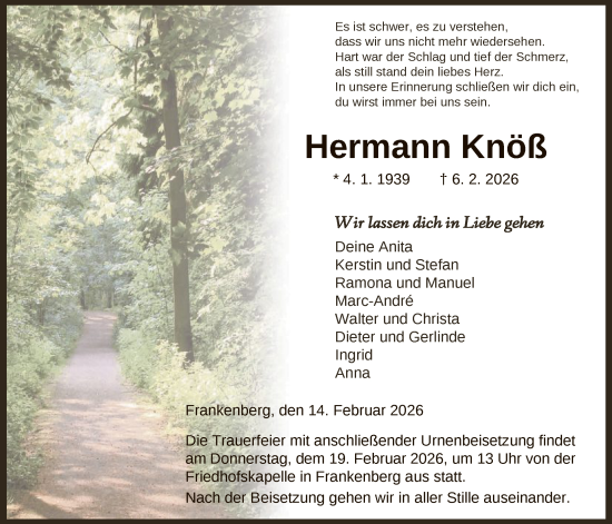 Traueranzeige von Hermann Knöß von HNA
