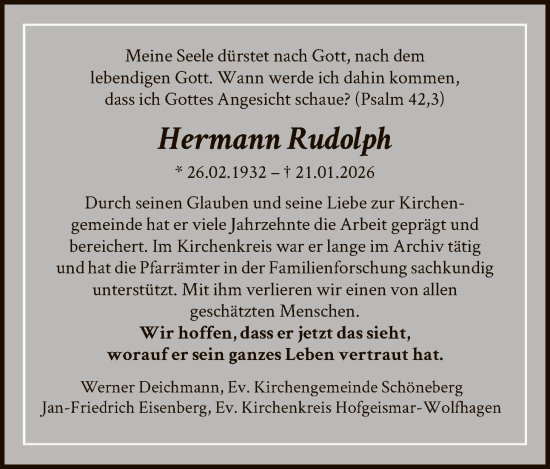 Traueranzeige von Hermann Rudolph von HNA