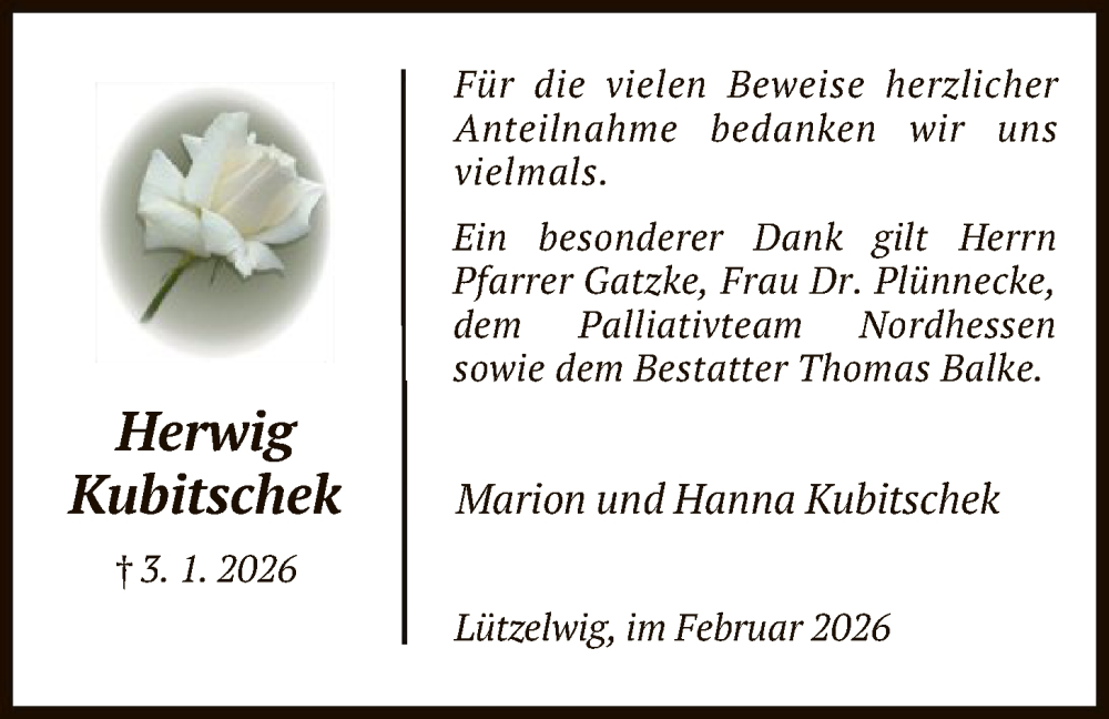  Traueranzeige für Herwig Kubitschek vom 07.02.2026 aus HNA
