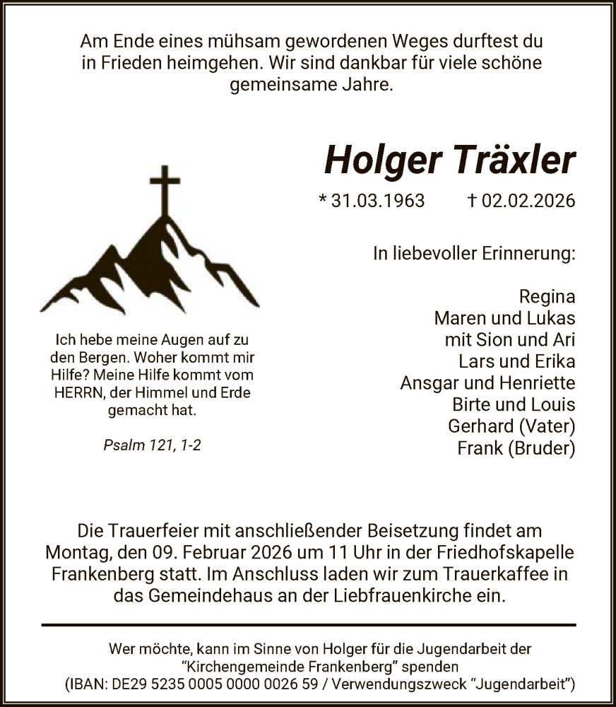  Traueranzeige für Holger Träxler vom 06.02.2026 aus HNA