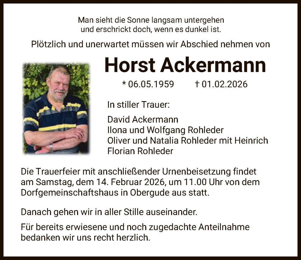  Traueranzeige für Horst Ackermann vom 07.02.2026 aus HNAHN