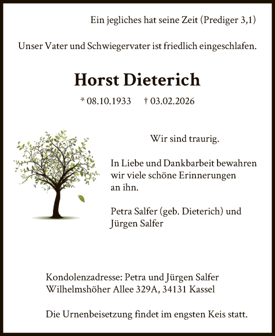 Traueranzeige von Horst Dieterich von HNA