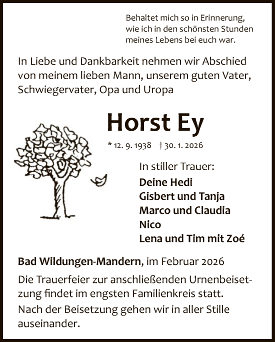 Traueranzeige von Horst Ey von HNA