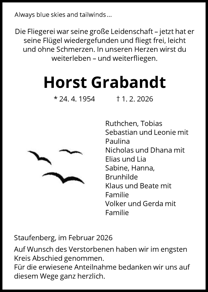  Traueranzeige für Horst Grabandt vom 14.02.2026 aus HNA
