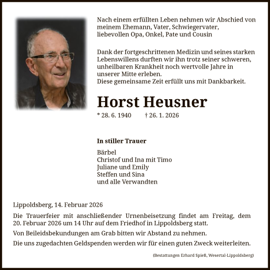 Traueranzeige von Horst Heusner von HNAHNAHNA
