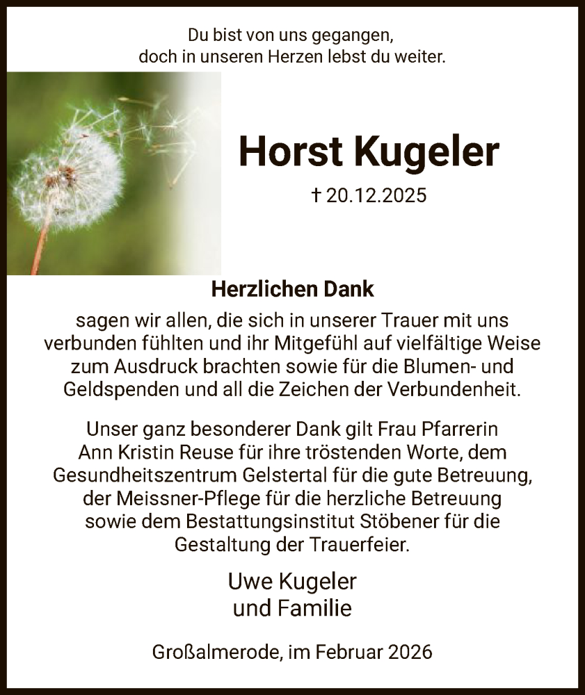  Traueranzeige für Horst Kugeler vom 07.02.2026 aus HNA