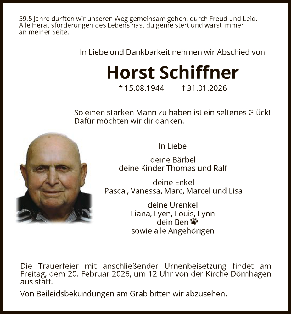  Traueranzeige für Horst Schiffner vom 14.02.2026 aus HNA