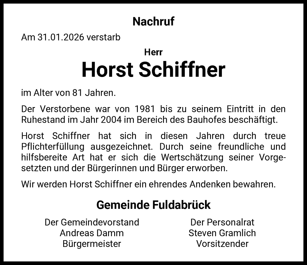  Traueranzeige für Horst Schiffner vom 14.02.2026 aus HNA