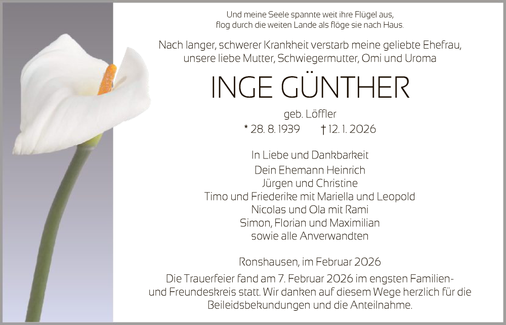  Traueranzeige für Inge Günther vom 14.02.2026 aus HNAHN
