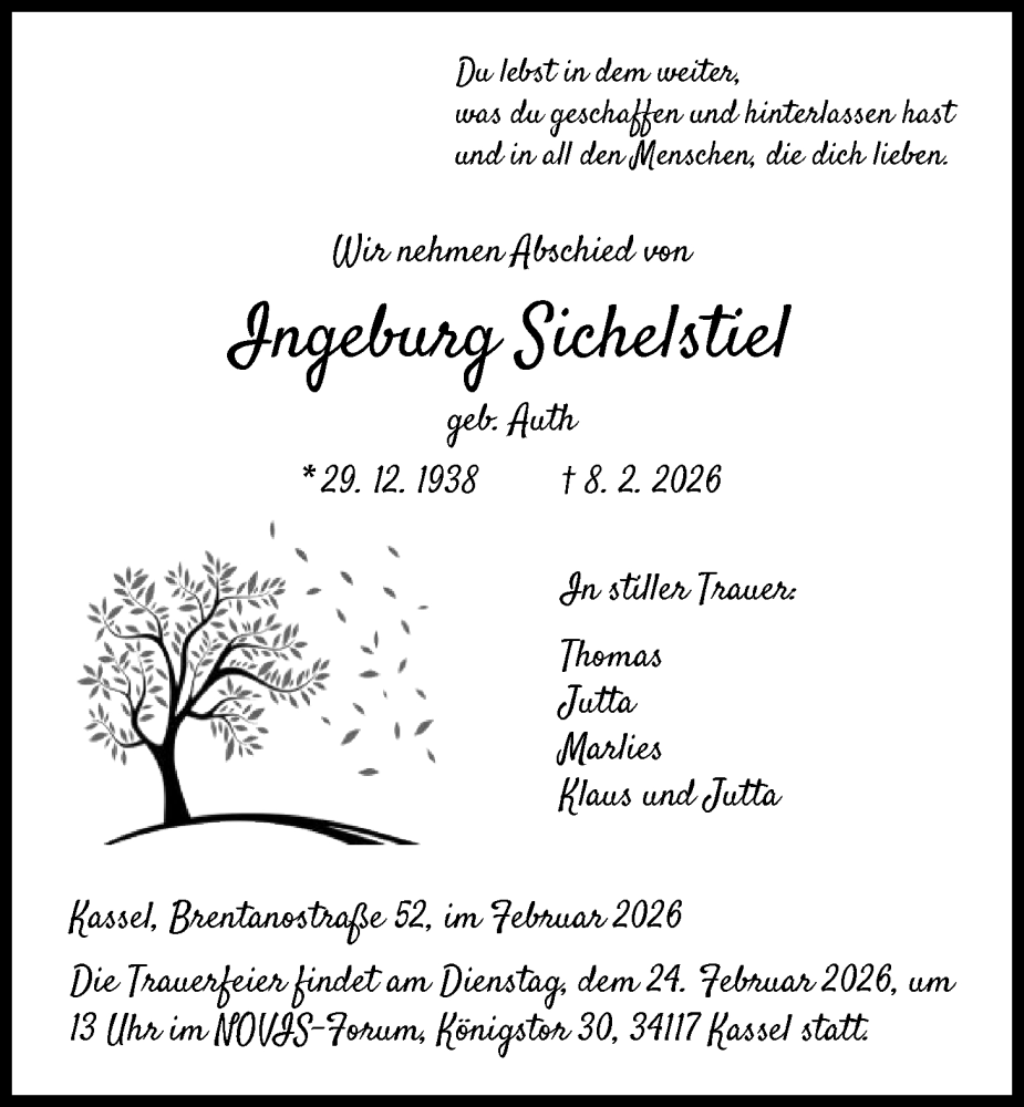  Traueranzeige für Ingeburg Sichelstiel vom 14.02.2026 aus HNA