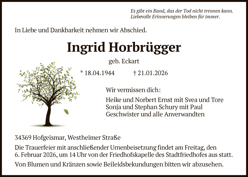  Traueranzeige für Ingrid Horbrügger vom 03.02.2026 aus HNA