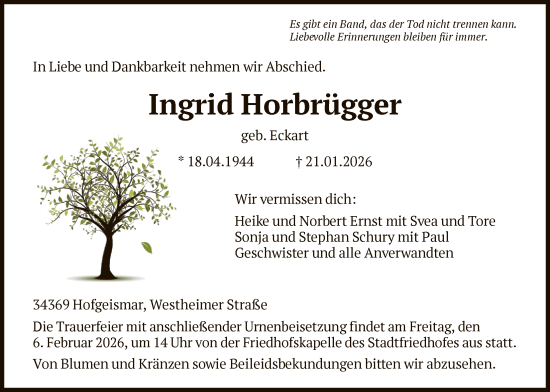 Traueranzeige von Ingrid Horbrügger von HNA