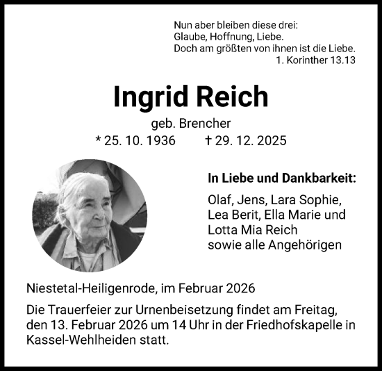 Traueranzeige von Ingrid Reich von HNA