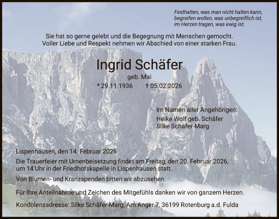 Traueranzeige von Ingrid Schäfer von HNA
