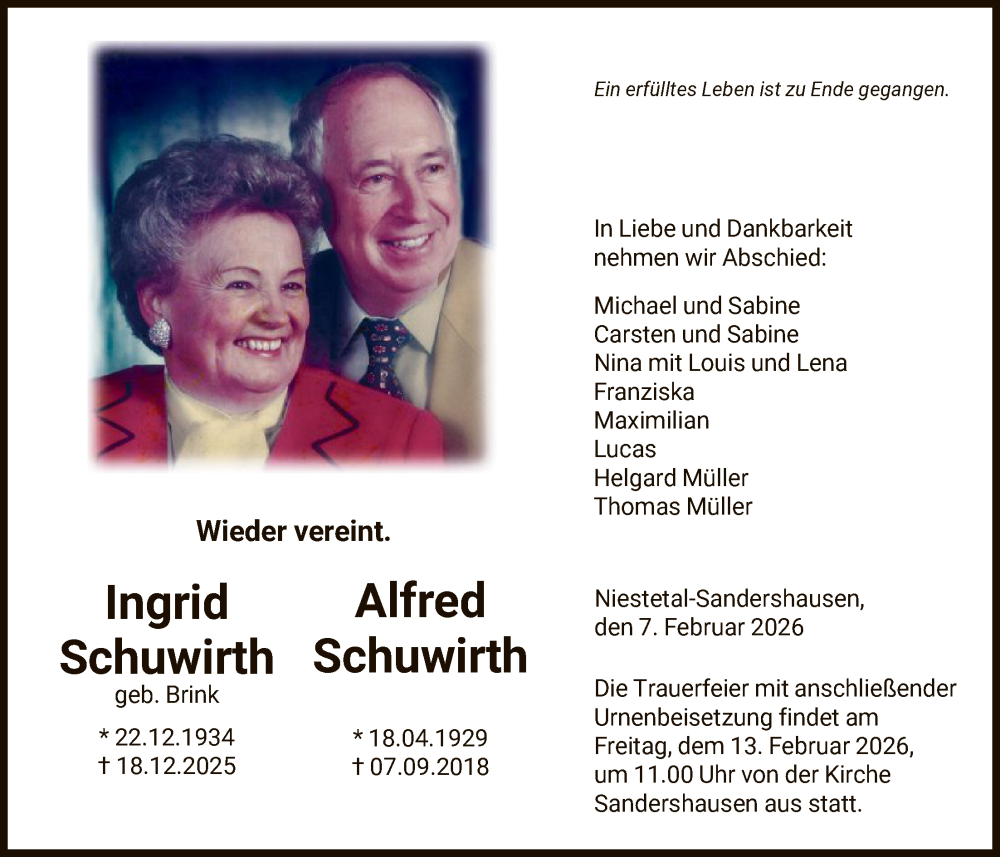  Traueranzeige für Ingrid Schuwirth vom 07.02.2026 aus HNA
