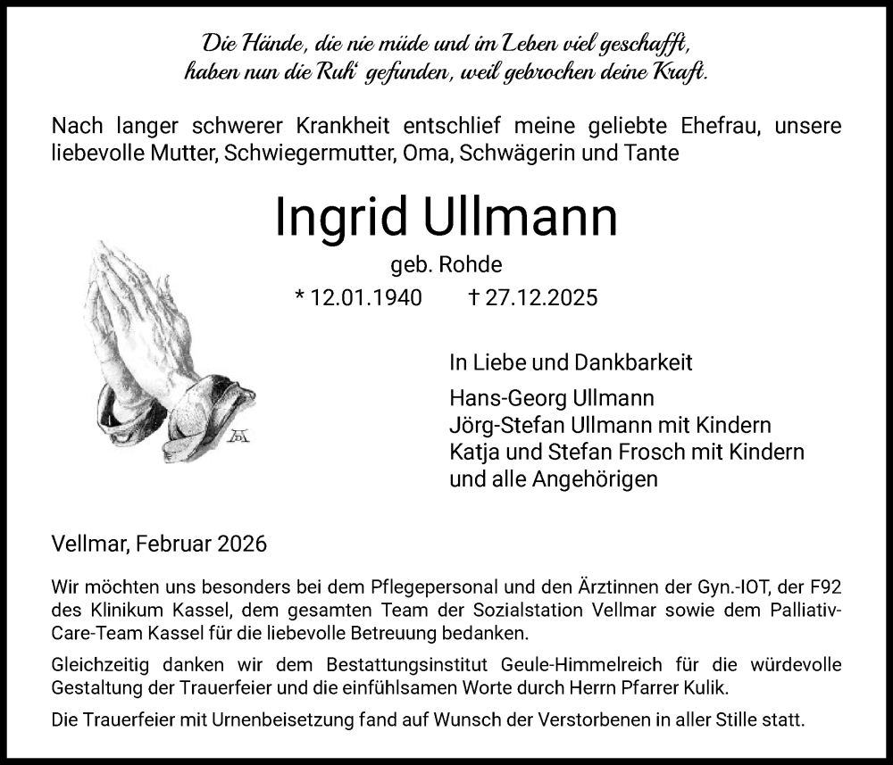  Traueranzeige für Ingrid Ullmann vom 07.02.2026 aus HNAHNA