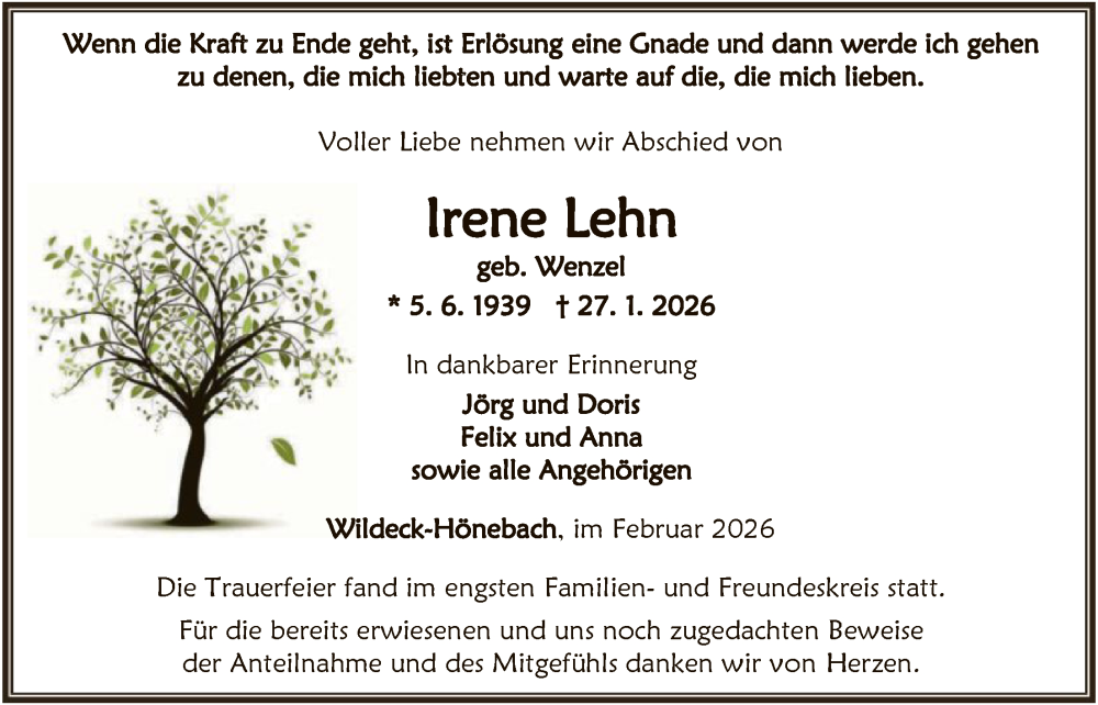  Traueranzeige für Irene Lehn vom 21.02.2026 aus HNAHN