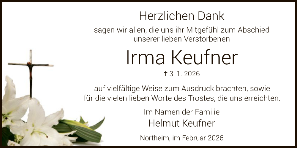  Traueranzeige für Irma Keufner vom 07.02.2026 aus HNA