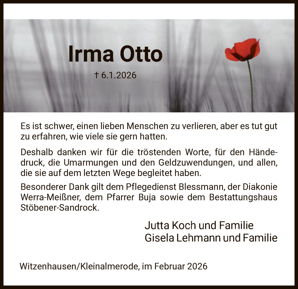  Traueranzeige für Irma Otto vom 14.02.2026 aus HNA