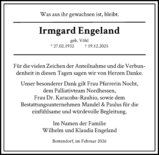 Traueranzeige von Irmgard Engeland von HNA