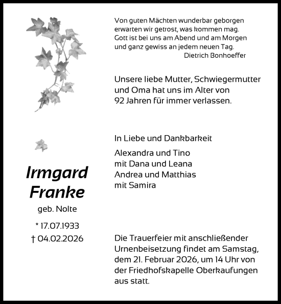 Traueranzeige von Irmgard Franke von HNA
