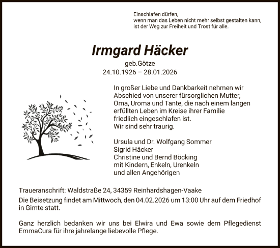 Traueranzeige von Irmgard Häcker von HNAHNA