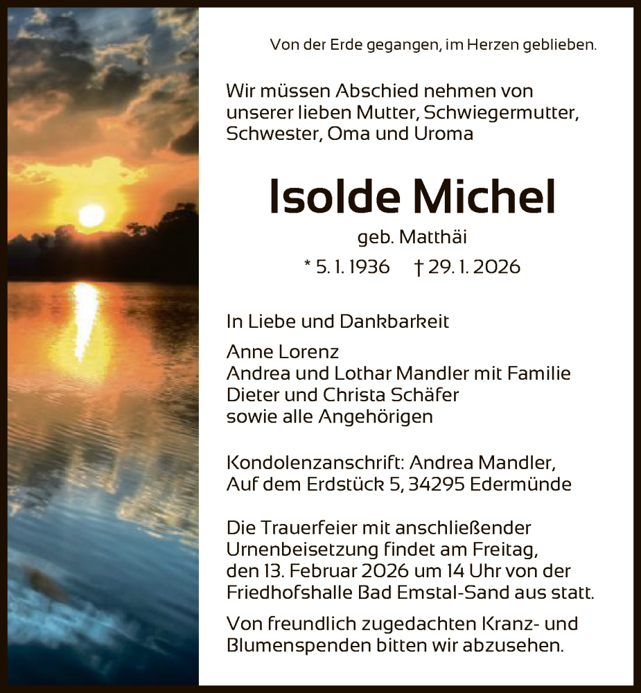  Traueranzeige für Isolde Michel vom 07.02.2026 aus HNA